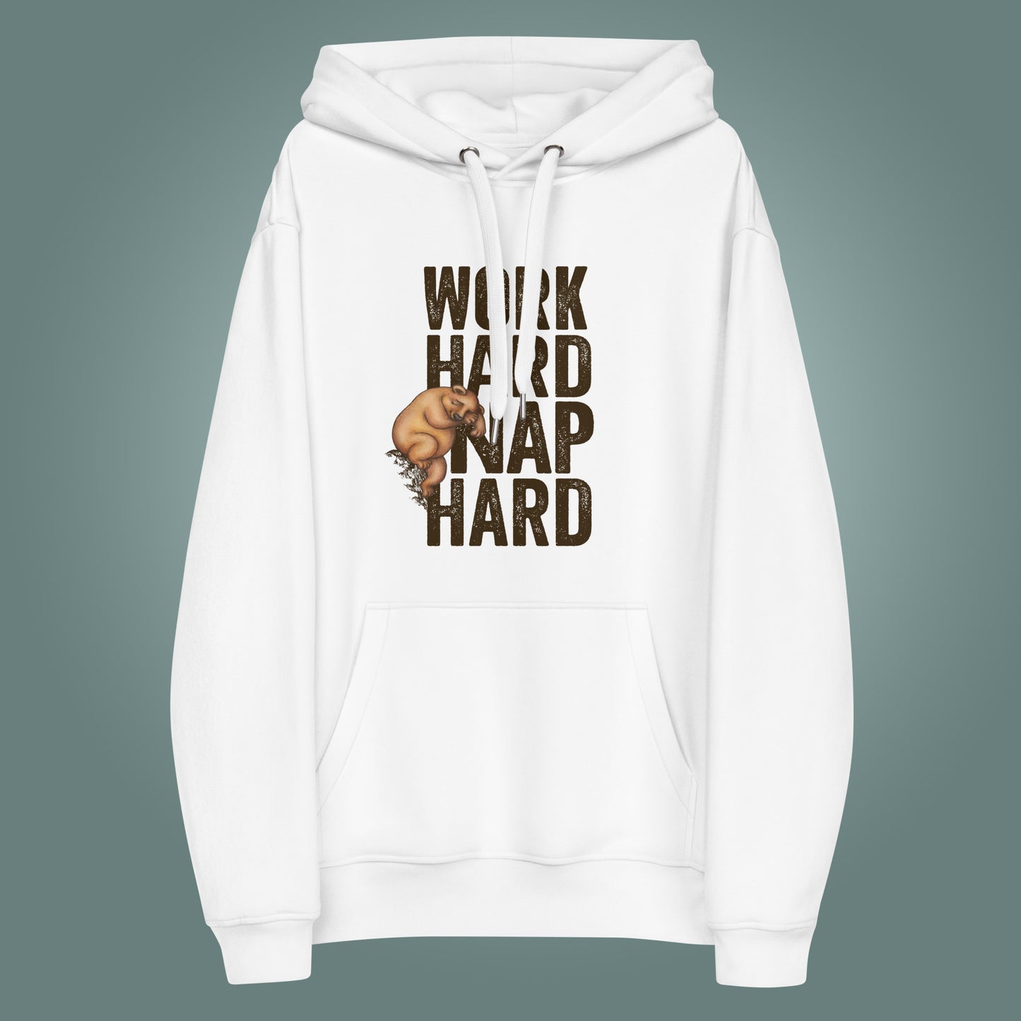 White hoodie with 'Work Hard Nap Hard' text and bear graphic on a gray background