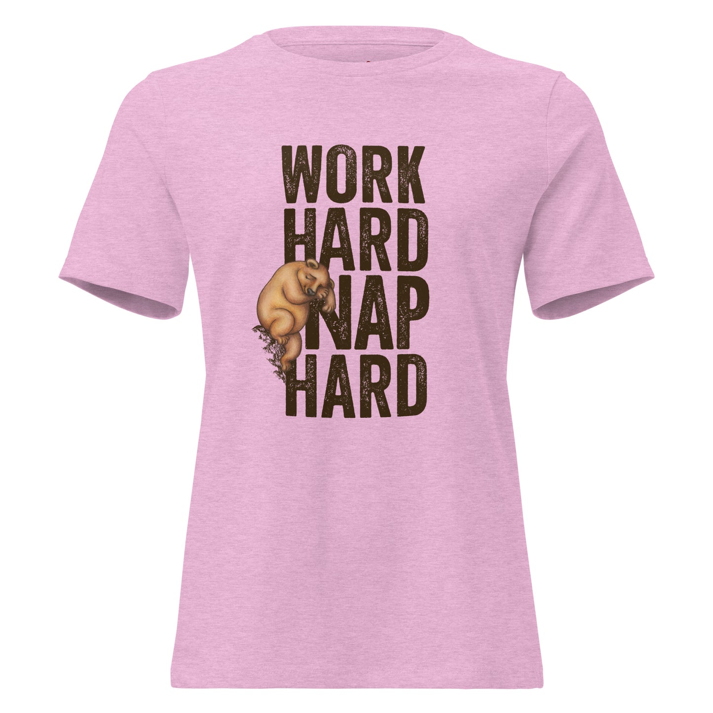 Slightly violet-tinged pink T-shirt with a graphic of a sleepy bear and the text 'WORK HARD NAP HARD'