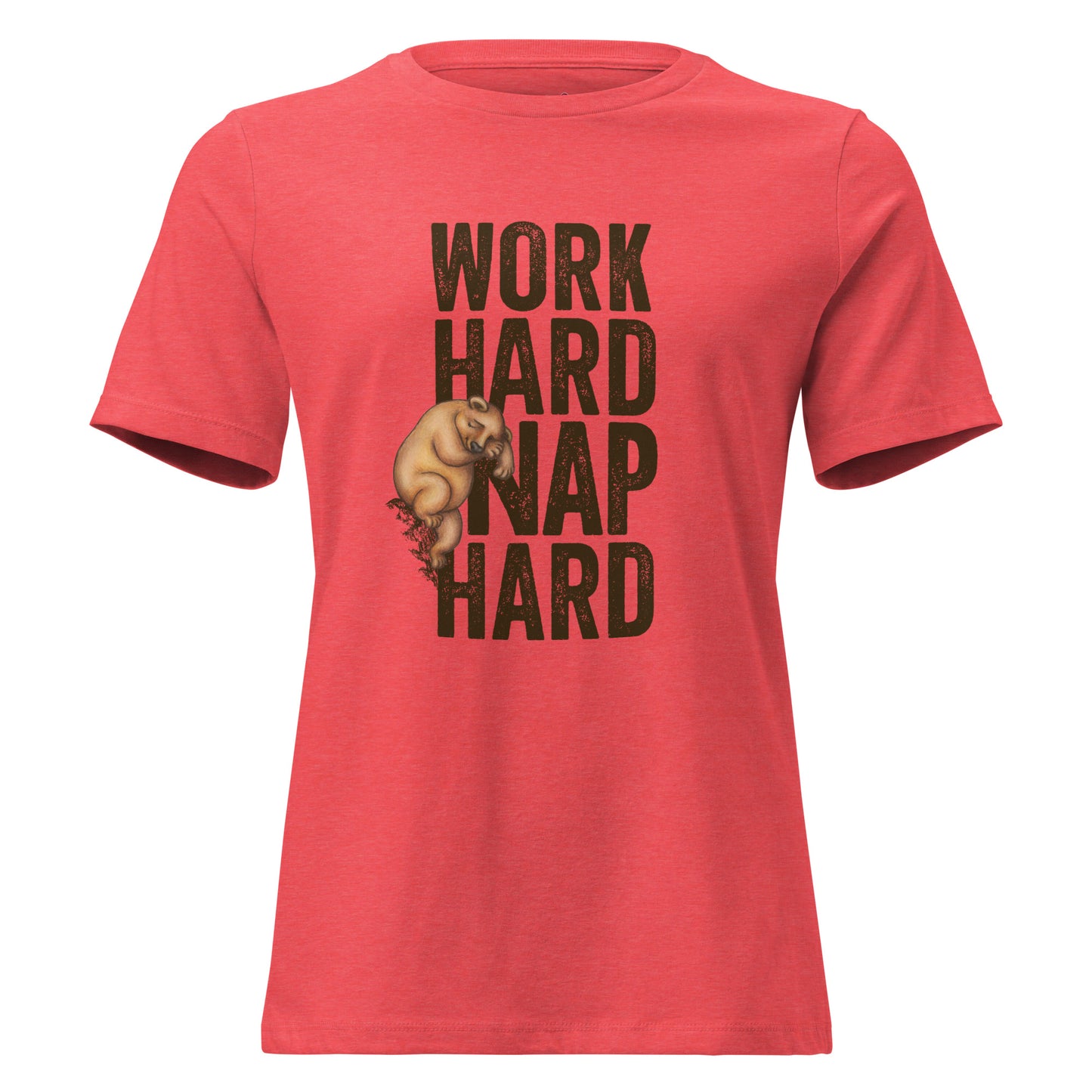 Coral shirt with a a graphic of a sleepy bear and the text 'WORK HARD NAP HARD'