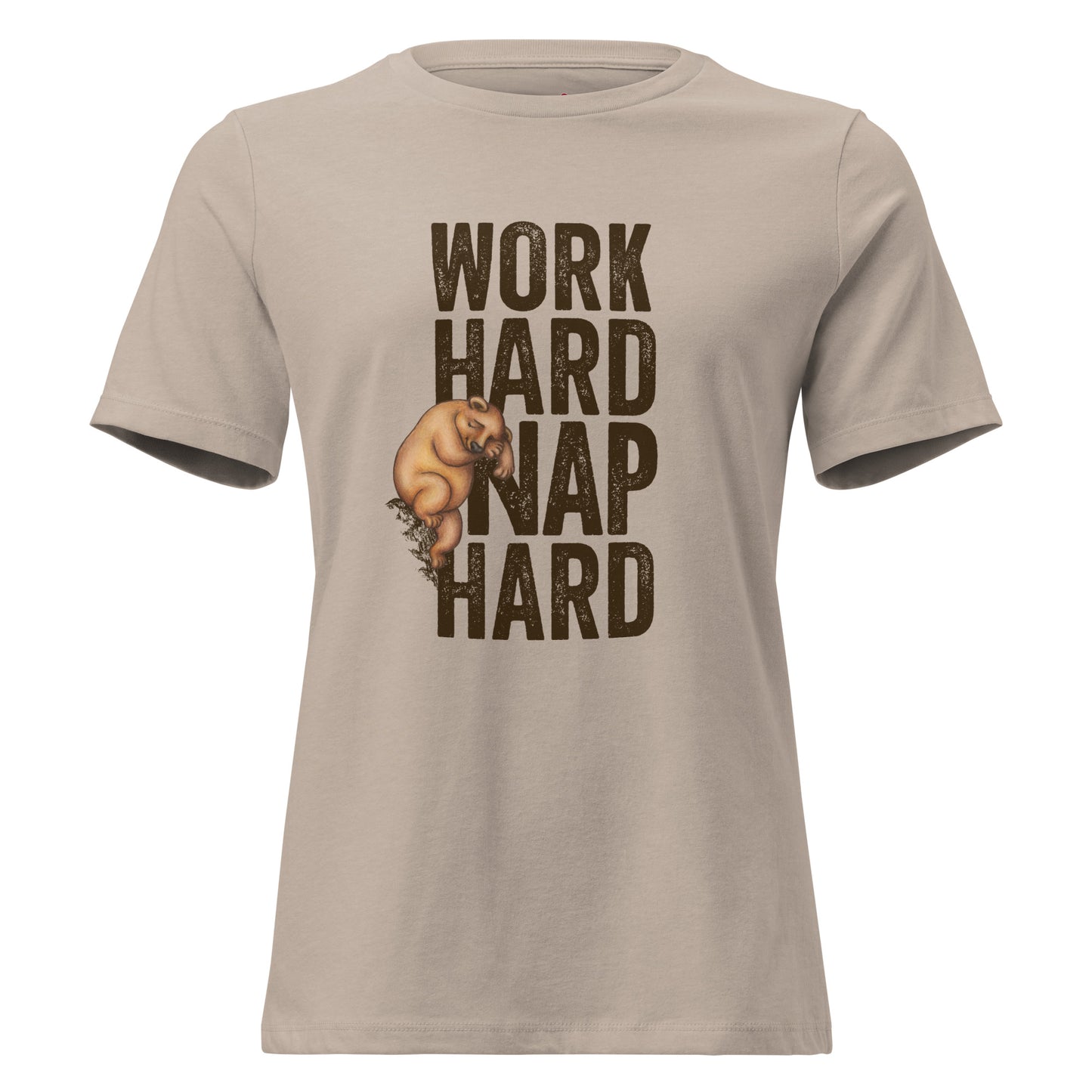 Greyish beige T-shirt with a graphic of a sleepy bear and the text 'WORK HARD NAP HARD'