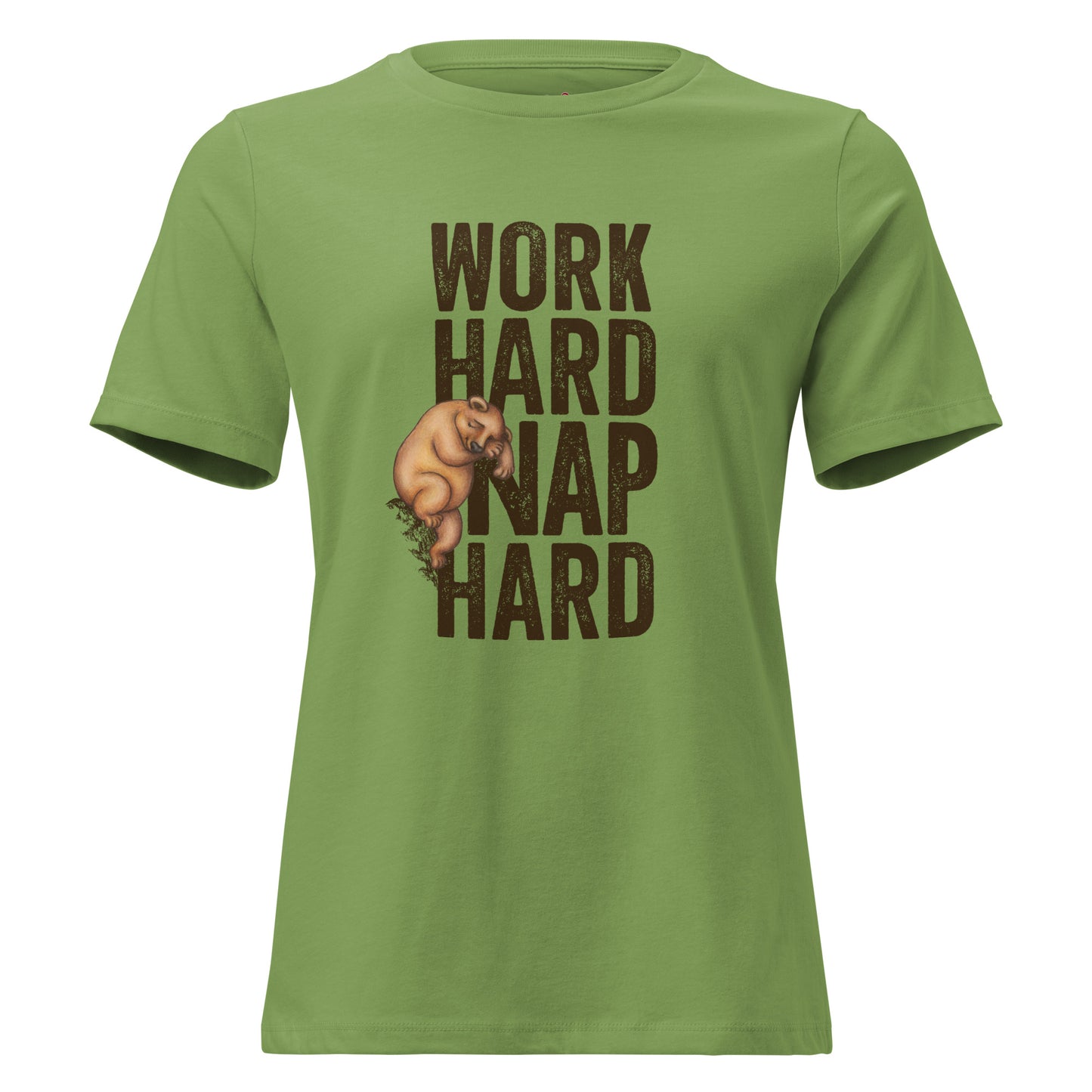 Green shirt with a graphic of a sleepy bear and the text 'WORK HARD NAP HARD'