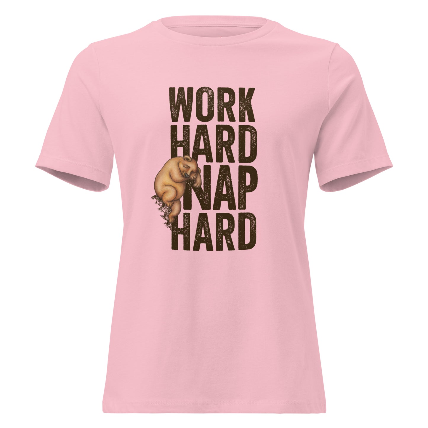 Slightly peah-tinged pink T-shirt with a graphic of a sleepy bear and the text 'WORK HARD NAP HARD'