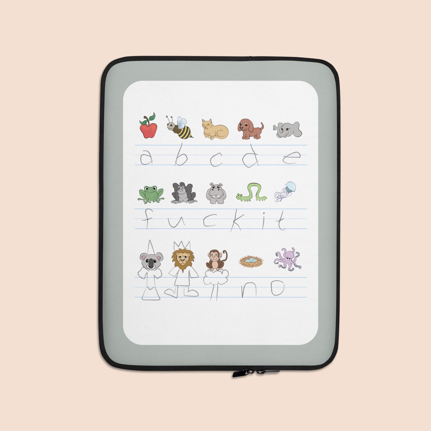Laptop sleeve / padded pouch with a printed design of handwritten alphabet text (featuring a surprise) and colourful animal illustrations, with the pouch shown on a peachy beige background