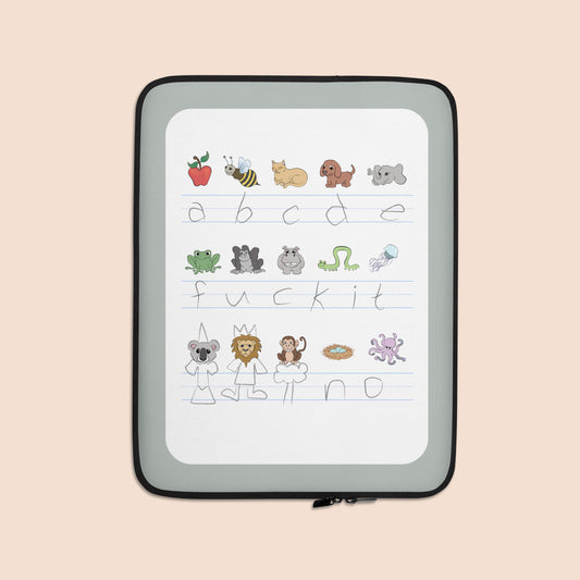 Laptop sleeve / padded pouch with a printed design of handwritten alphabet text (featuring a surprise) and colourful animal illustrations, with the pouch shown on a peachy beige background
