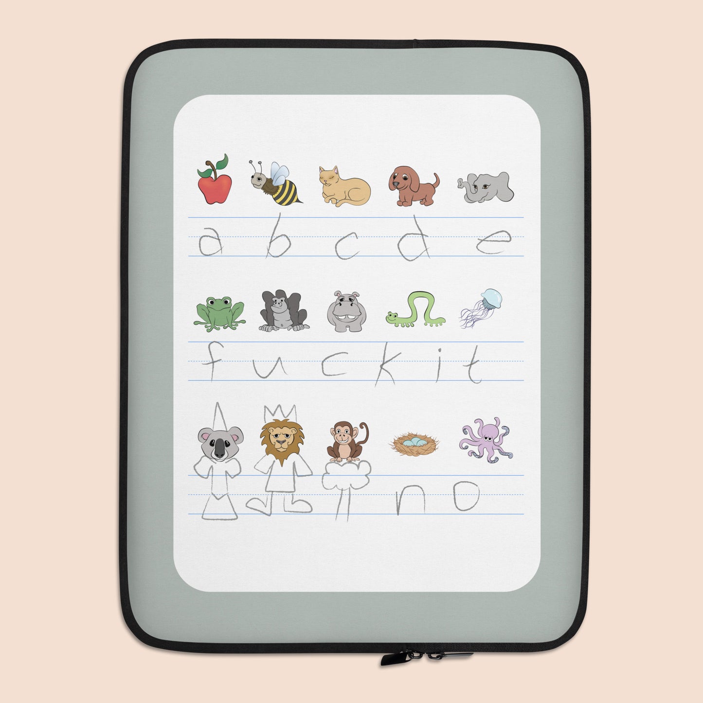 15" laptop sleeve / padded pouch with a printed design of handwritten alphabet text (featuring a surprise) and colourful animal illustrations, with the pouch shown on a peachy beige background