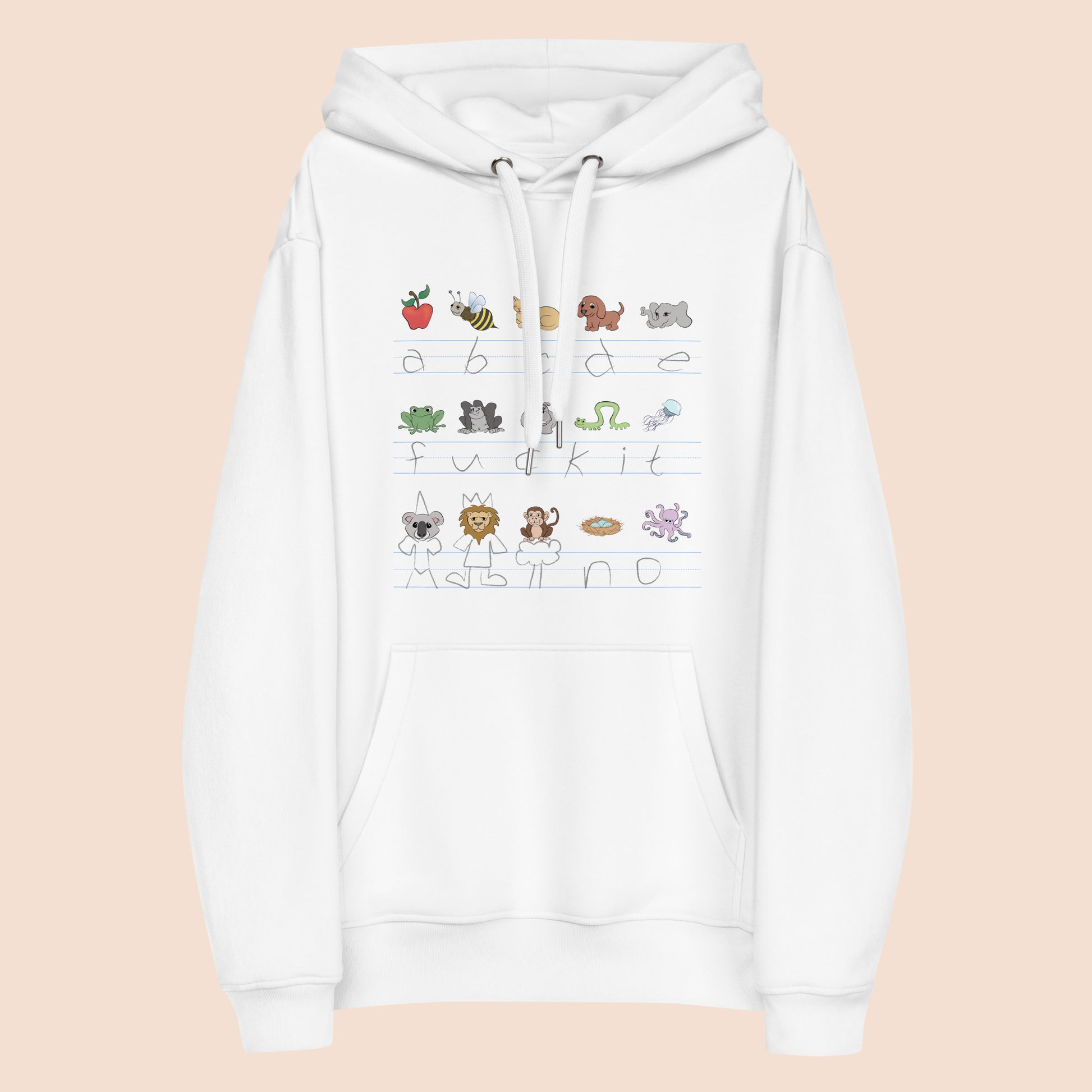 White hoodie with handwritten alphabet text (with a surprise) and colourful animal illustrations on a peachy beige background