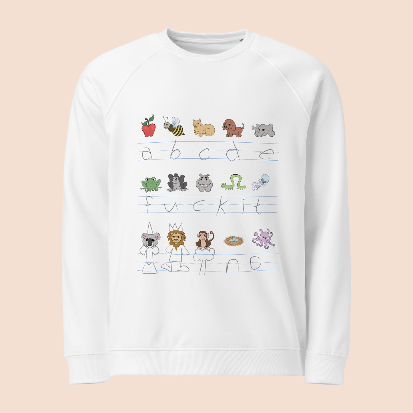 White sweatshirt with handwritten alphabet text (featuring a surprise) and colourful animal illustrations on a peachy beige background