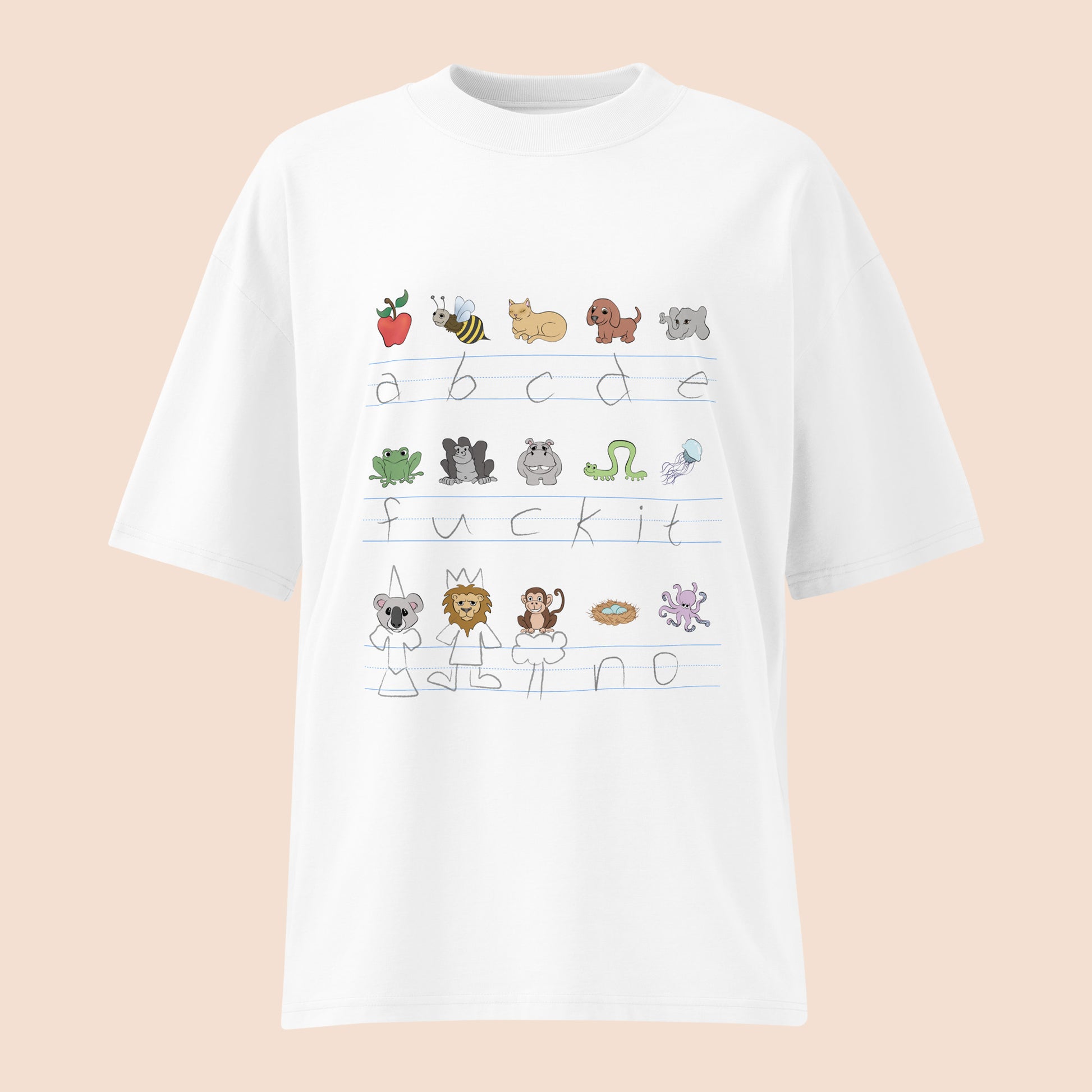 White t-shirt with handwritten alphabet text (featuring a surprise) and colourful animal illustrations on a peachy beige background