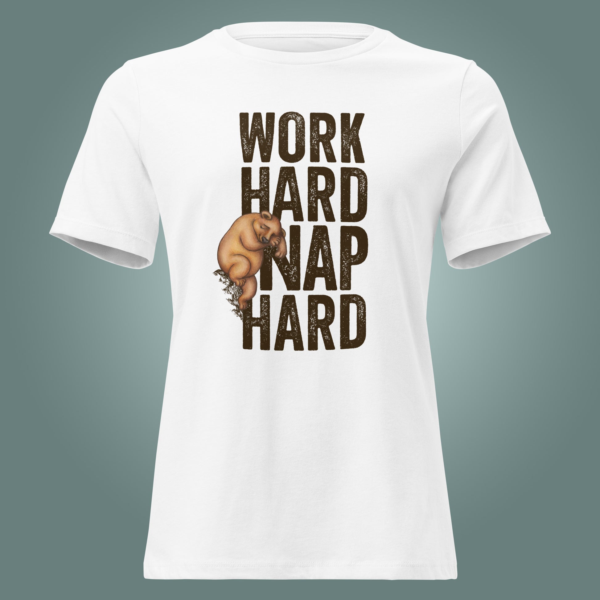White T-shirt with a graphic of a sleepy bear and the text 'WORK HARD NAP HARD' on a teal background
