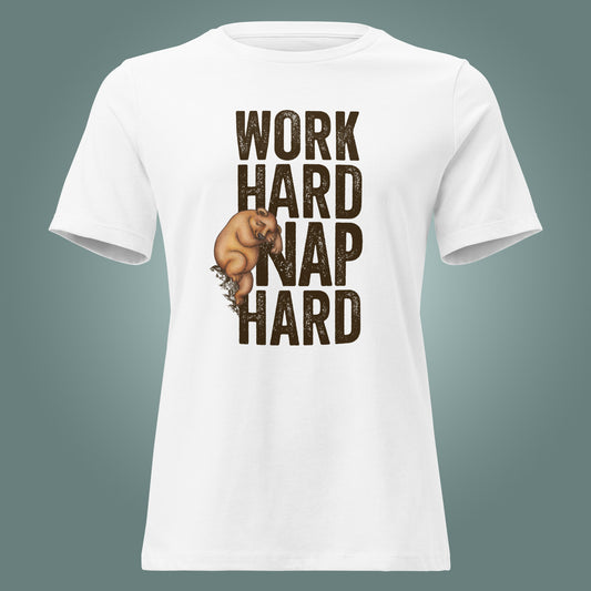 White T-shirt with a graphic of a sleepy bear and the text 'WORK HARD NAP HARD' on a teal background