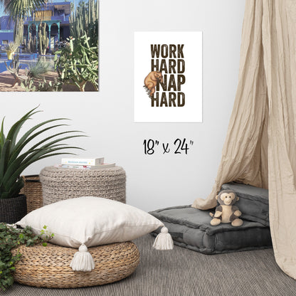 Room interior with the "Work Hard, Nap Hard" poster on the wall. It feature floor cushions, woven rattan furniture, a cozy linen bed curtain, plants, and a cute monkey plushie toy.