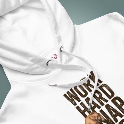 Close up of a white hood with "Work Hard, Nap Hard" design on the body of the sweater below, with the garment showcased on a teal background