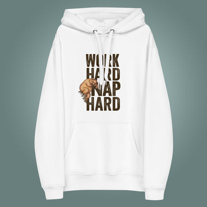 White hoodie with 'Work Hard Nap Hard' text and bear graphic on a gray background