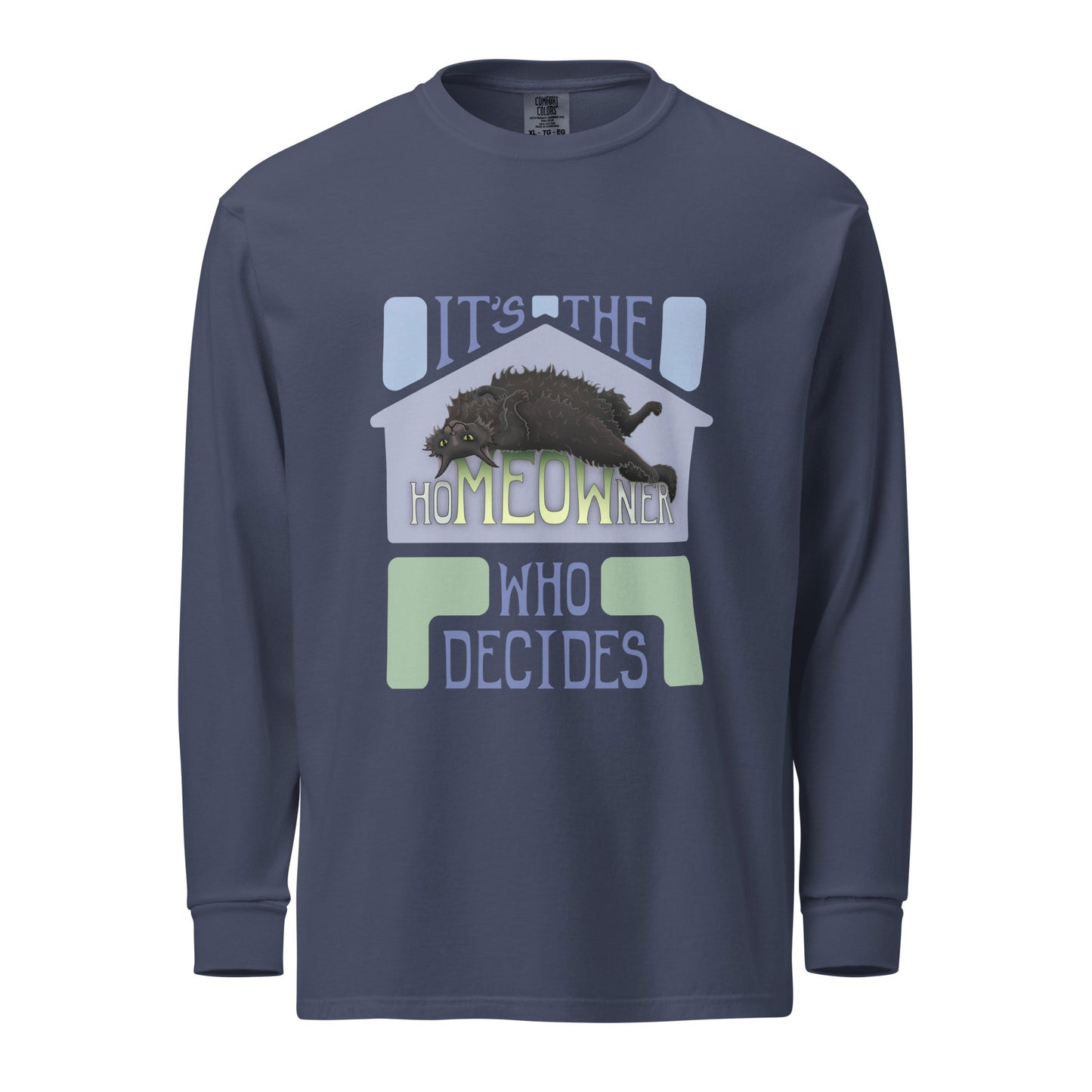 hoMEOWner - Unisex Long-Sleeve Heavyweight Cotton Shirt, Long Hair Black Cat