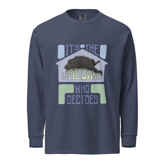 hoMEOWner - Unisex Long-Sleeve Heavyweight Cotton Shirt, Long Hair Black Cat