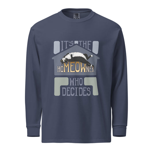 hoMEOWner - Unisex Long-Sleeve Heavyweight Cotton Shirt, Short Hair Tuxedo Cat