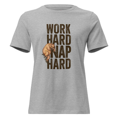 Medium grey shirt with a graphic of a sleepy bear and the text 'WORK HARD NAP HARD'