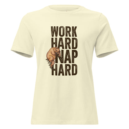 Very light yellow (almost beige) T-shirt with a graphic of a sleepy bear and the text 'WORK HARD NAP HARD'