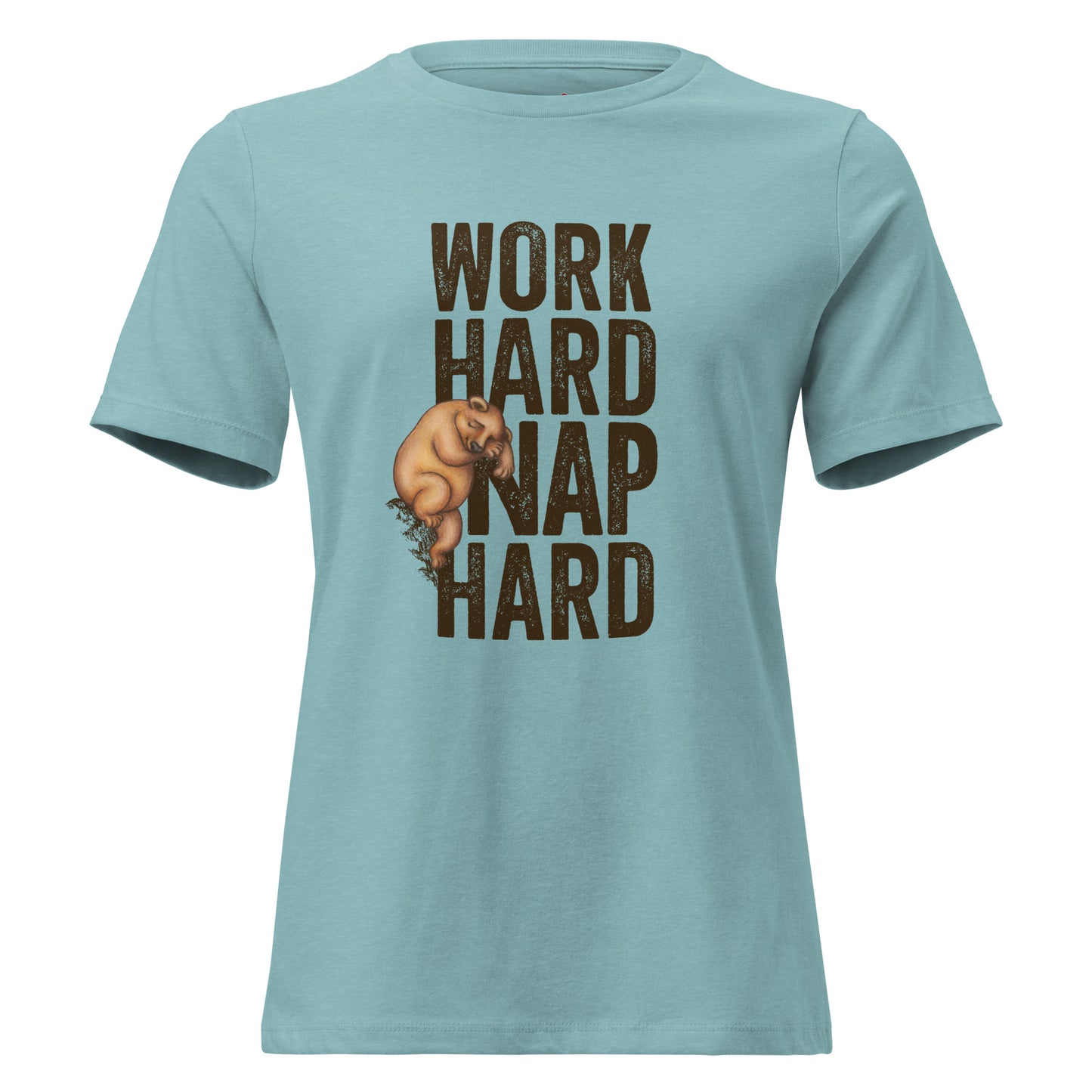Slightly greenish blue shirt with a graphic of a sleepy bear and the text 'WORK HARD NAP HARD'