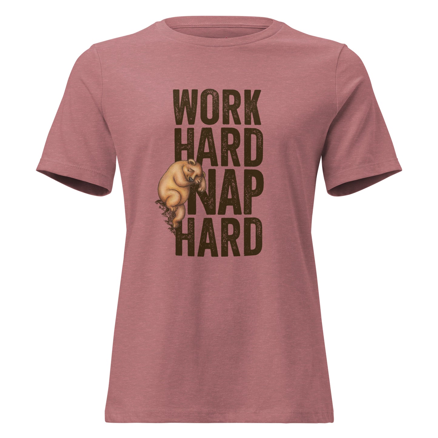 Dusty rose shirt with a graphic of a sleepy bear and the text 'WORK HARD NAP HARD'