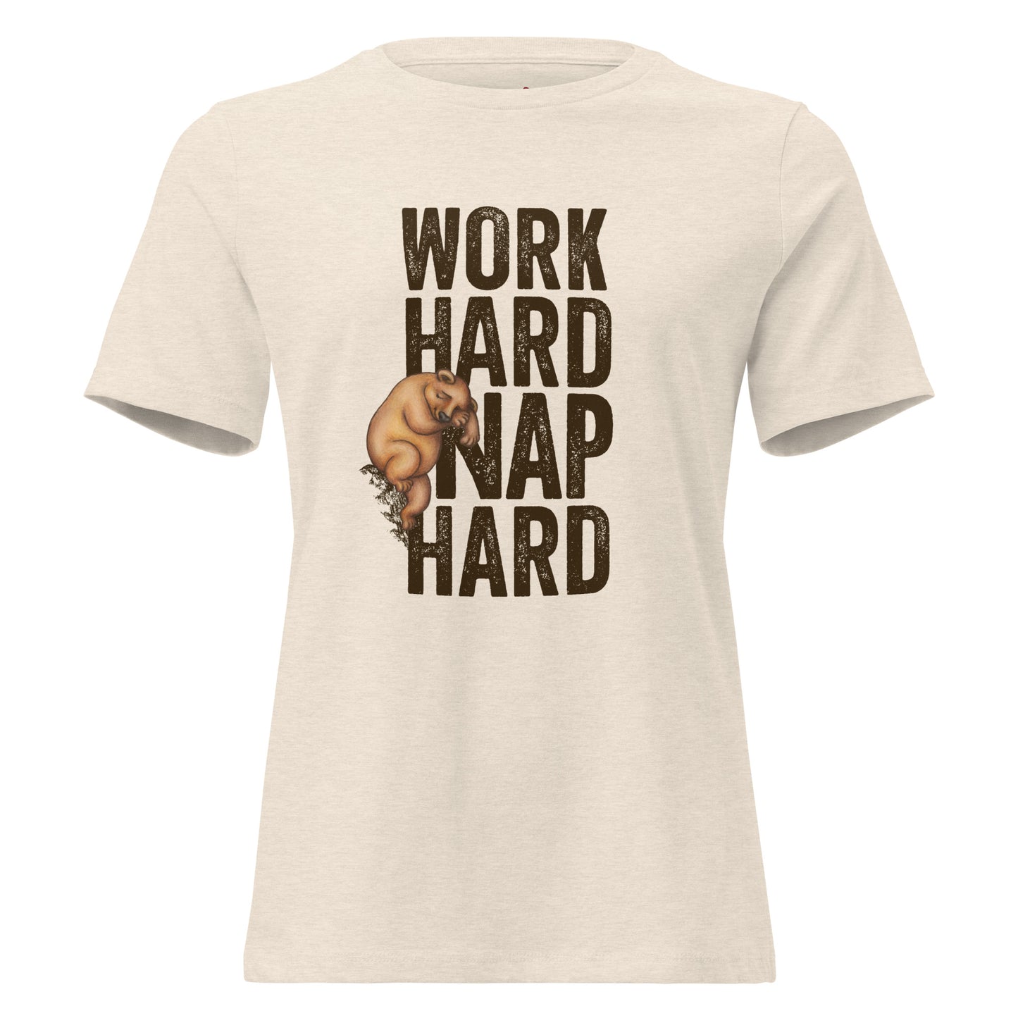 Ivory T-shirt with a graphic of a sleepy bear and the text 'WORK HARD NAP HARD'