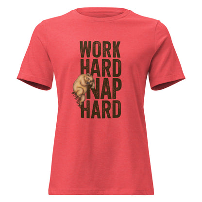 Coral shirt with a a graphic of a sleepy bear and the text 'WORK HARD NAP HARD'