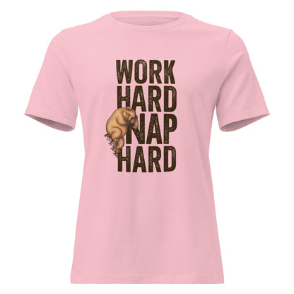 Slightly peah-tinged pink T-shirt with a graphic of a sleepy bear and the text 'WORK HARD NAP HARD'